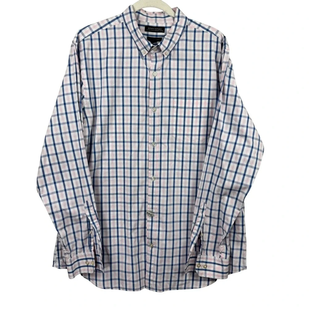 Banana Republic Shirt Grant Fit Men's XL Pink‎ Blue Plaid Cotton Button Down